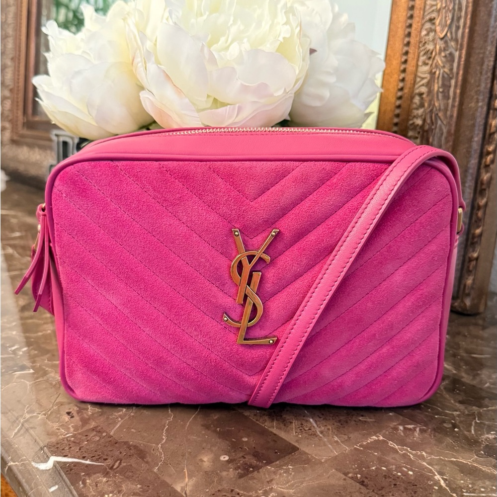 Yves Saint Laurent Pink Suede Crossbody Camera Bag with Gold Logo